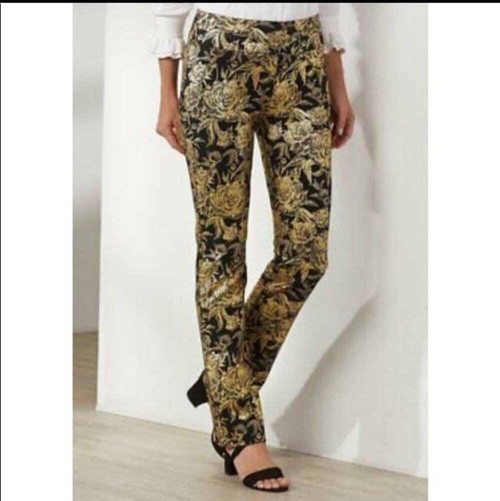 SOFT SURROUNDINGS Black Gold Metallic Floral Moonstruck Pants Stretch Pull On